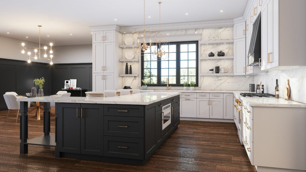 Tailored Series Shaker cabinetry - Island in Black; perimeter in White