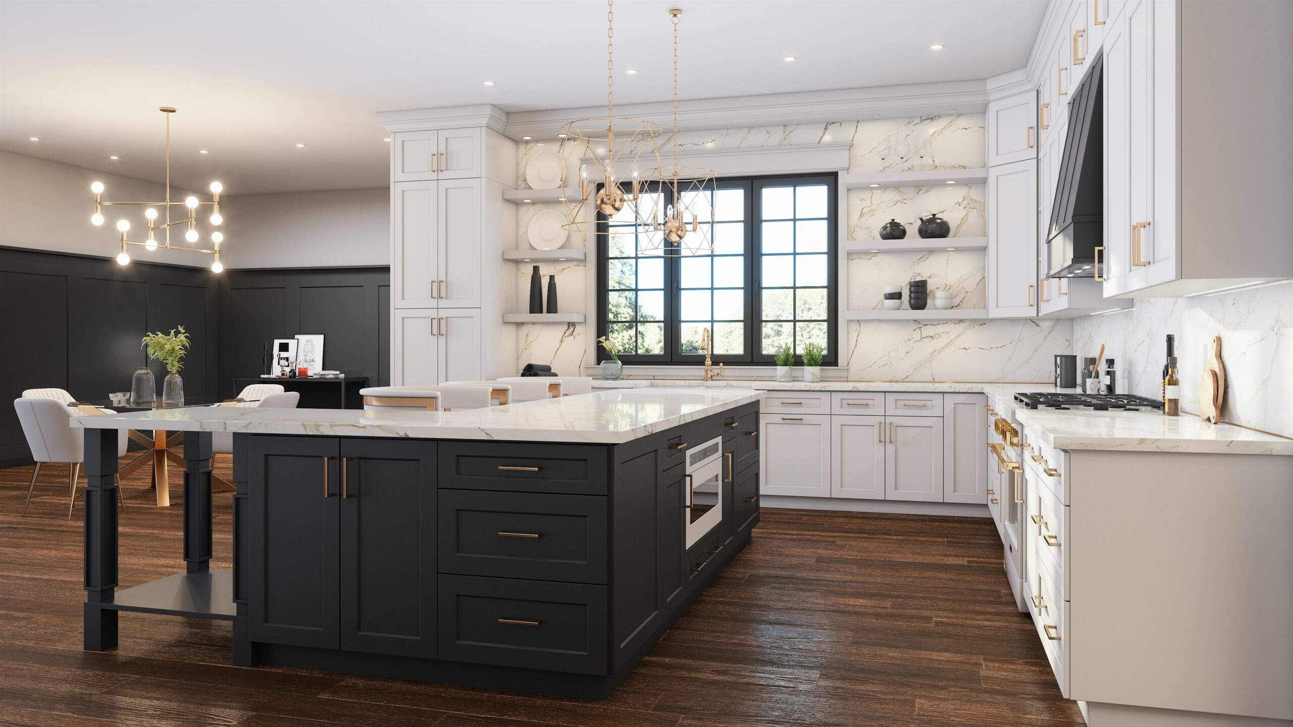 Tailored Series Shaker Cabinetry - Island in Black, Perimeter in Whte