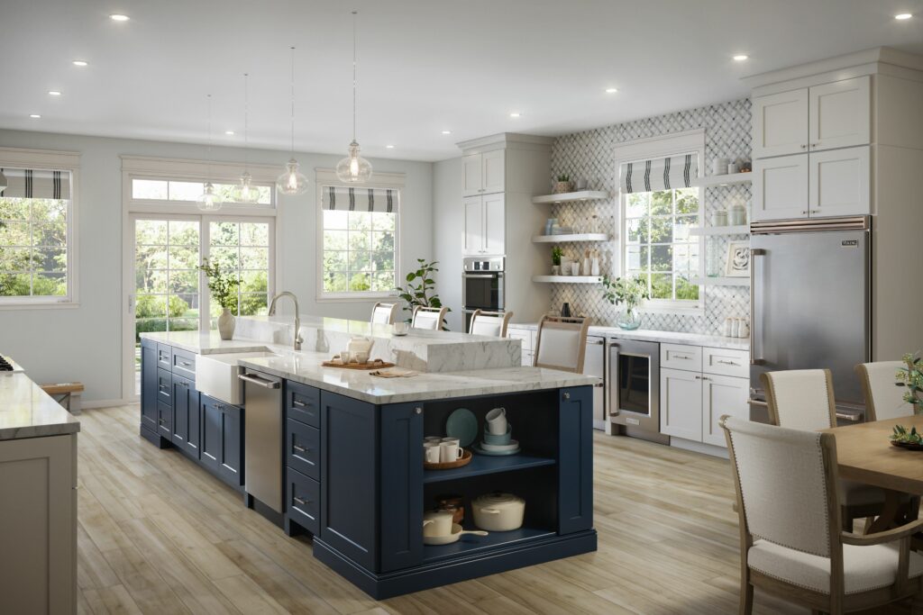 Tailored Series Shaker Cabinetry - Island in Navy, Perimeter in White