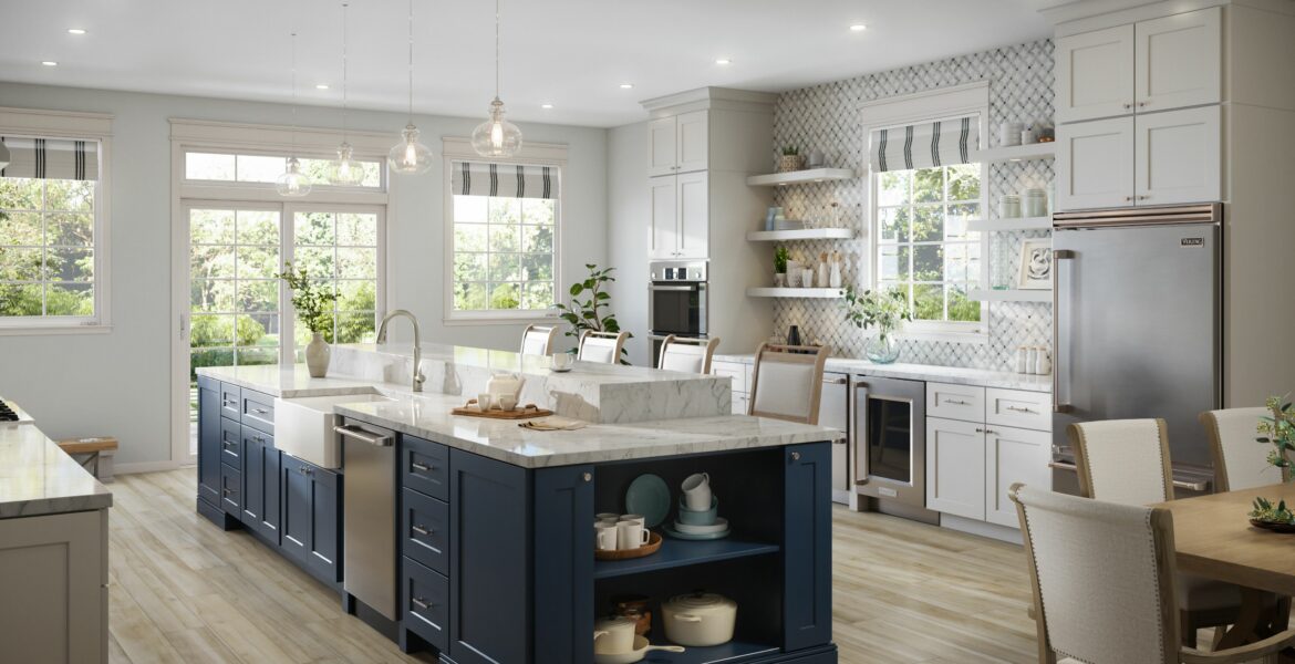 Tailored Series Shaker Cabinetry - Island in Navy, Perimeter in White